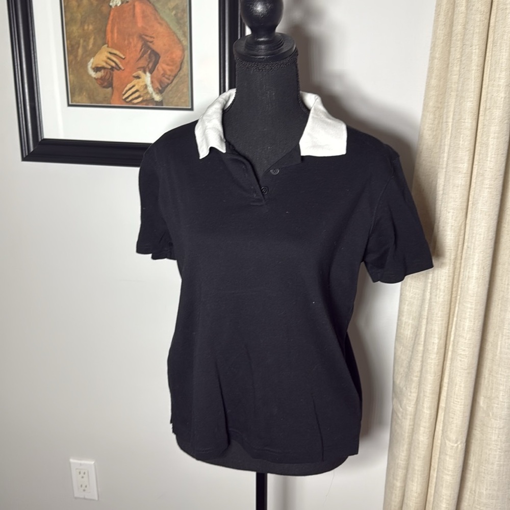 Vintage Black & White Collar Pure Cotton Polo T-Shirt